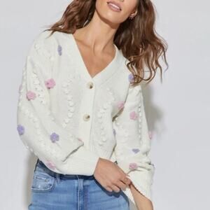 Jessica Simpson Floral Popcorn Knit Cardigan Sweater – Cream, Size M– NEW